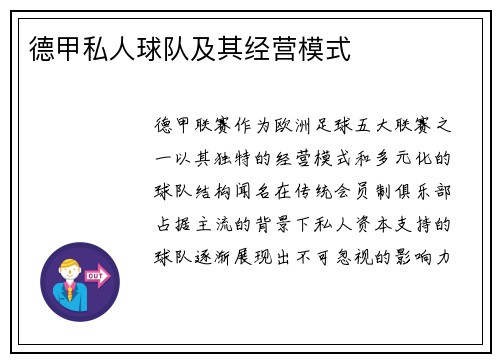 德甲私人球队及其经营模式